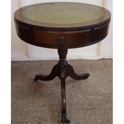 484 - Drum Table with Three Drawers and Green Leather Inset - Diameter 20ins, 23.5ins tall