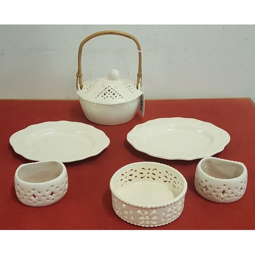 384 -  Six Pieces of Creamware to include Basket and Two Plates, Two Napkin Rings and a Trinket Dish