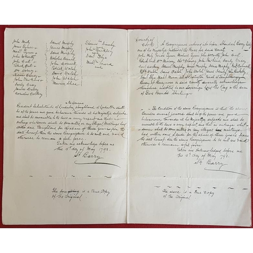 308 - [Cork 1798]. Manuscript Recognizances. Barrymore Union. Signed declaration by named farmers to keep ... 