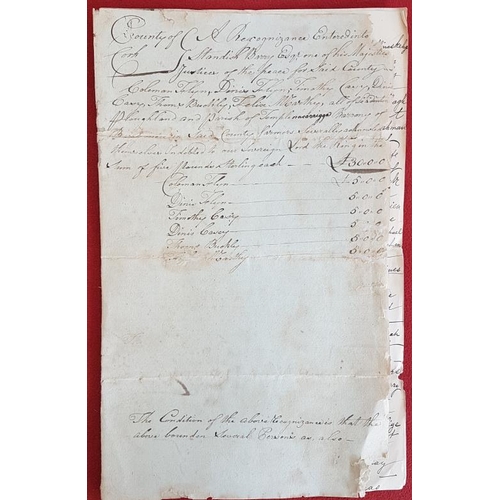 308 - [Cork 1798]. Manuscript Recognizances. Barrymore Union. Signed declaration by named farmers to keep ... 