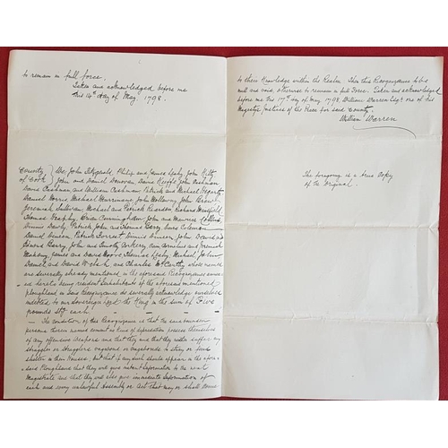 308 - [Cork 1798]. Manuscript Recognizances. Barrymore Union. Signed declaration by named farmers to keep ... 