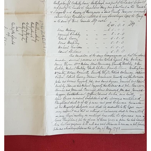 308 - [Cork 1798]. Manuscript Recognizances. Barrymore Union. Signed declaration by named farmers to keep ... 