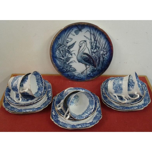 18 - 18 Pieces of Blue/White Scenic Teaset and a Flow Blue Botanical Plate (dated 1870)
