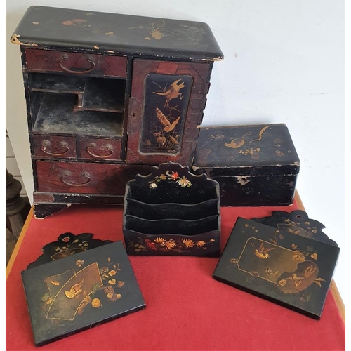 60 - Papier Mache Jewellery Cabinet, Trinket Box, Desk Tidy and a Pair of Wall Pockets