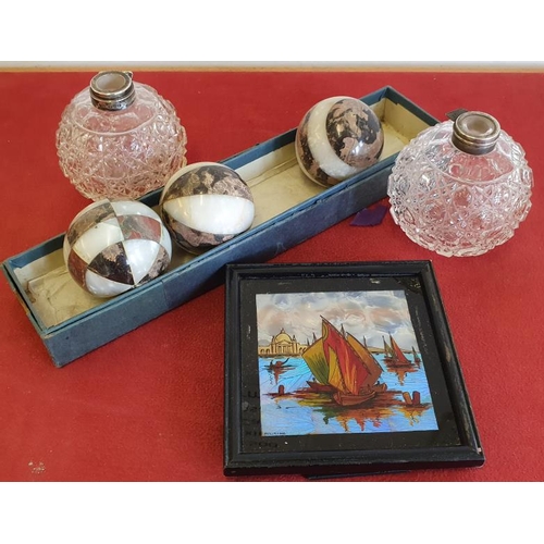 105 - Three agate sectioned Carpet Bowls and a Pair of Globular Cut Glass Scent Bottles and a Picture