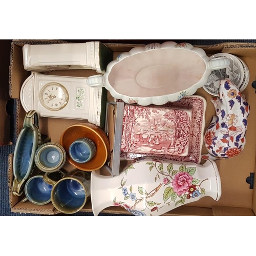 117 - Box and Contents to include Belleek Clocks, Wade Pottery, etc.