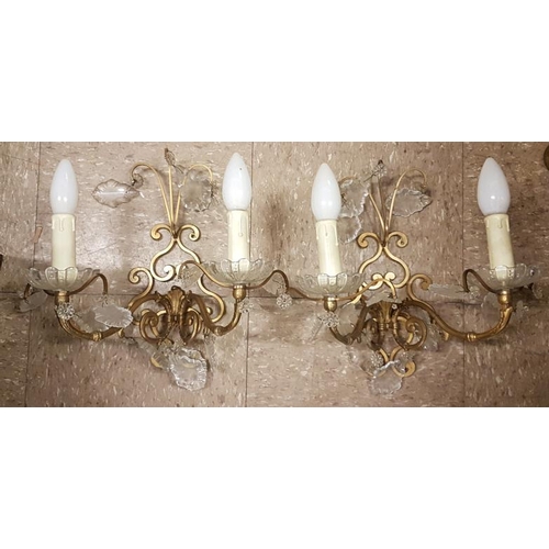 592 - Pair of Gilt Metal Two Branch Wall Sconces with glass lustres