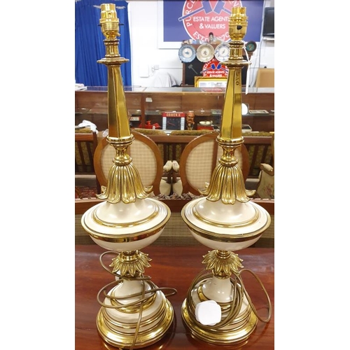 576 - Pair of Large Brass Lamps with Painted Panels - 26ins tall