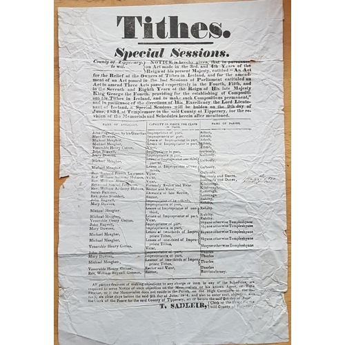 627 - Tipperary Tithes Poster c1834. Sessions at Templemore for the revision of memorials for parishes lis... 