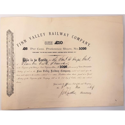 634 - Finn Valley Railway Company Share Certificate. £ 6 Preference Share. Dated November 1869. They Finn ... 