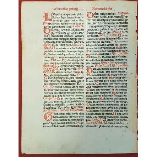 639 - Early Printing. Leaf of Breviary printed in 1509. Handpainted initials and other highlights in red.... 