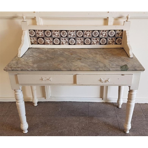 35 - Edwardian Painted Washstand with tiled back and marble shelf above a pair of frieze drawers - c. 42 ... 