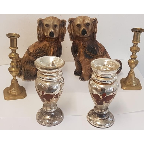 87 - Irish Mantlepiece Set (dogs, vases and brass candlesticks)