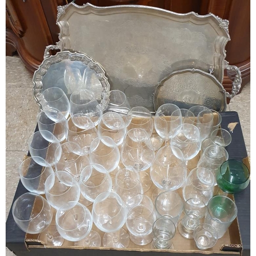 100 - Large Silver Plated Serving Tray, two smaller ones and large collection of drinking glasses