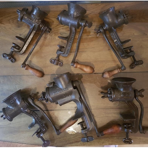 118 - Six Old USA Cast Iron Mincers