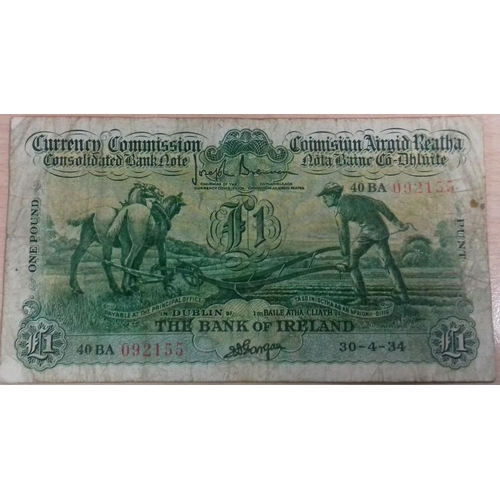 176 - Ploughman Irish £1 Banknote - 40 BA 092155 30.4.34