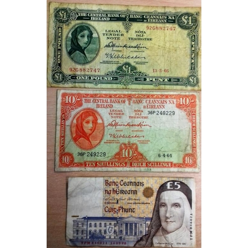 180 - Three Irish Banknotes - 10 Shillings 6.4.64; £1 Note 13.5.66; and 5 Punt Note 14.9.98