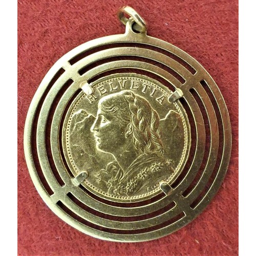 218 - 1949 Swiss 20 Franc Gold Coin mounted as a pendant