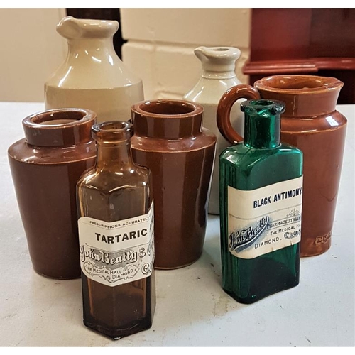 265 - Five Stoneware jars (ink jars) and two old medicine bottles with labels.