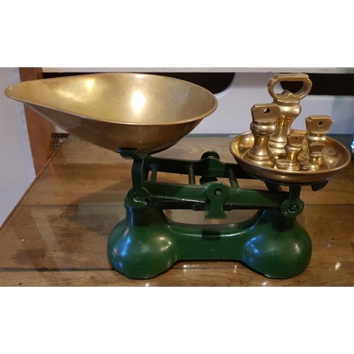 306 - Green Scales with set of Brass Imperial Bell Weights