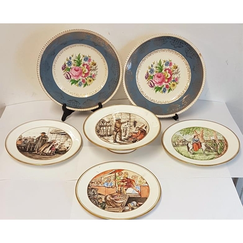 311 - Set of Three Handpainted Porcelain Plates and a Cake Plate and Two Cabinet Plates