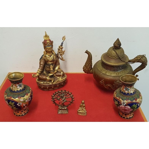 329 - Pair of Cloisonné Vases (6ins high), Oriental Copper and Brass Teapot and Three Buddhas