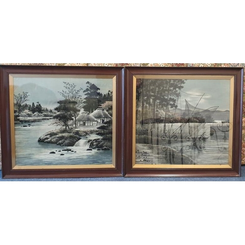 373 - Pair of Early 20th Century Oriental Landscape Prints on Silk, overall each c.27.5 x 25.5in