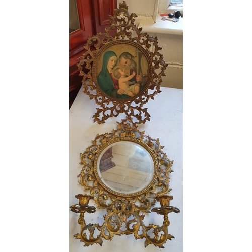 414 - Early 20th Century Cast Brass Wall Mirror with Matching Table Top Picture Frame