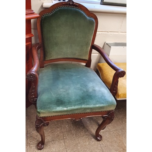431 - Georgian Style Armchair with carved supports and cabriole legs with shell carving - green velvet uph... 
