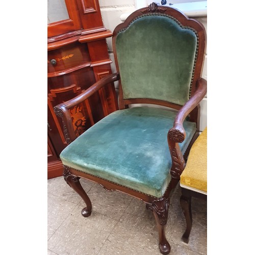 431 - Georgian Style Armchair with carved supports and cabriole legs with shell carving - green velvet uph... 
