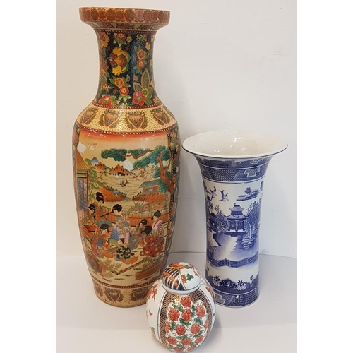 498 - Blue and White Oriental Vase, Imari Ginger Jar and a Large Decorated Floor Vase