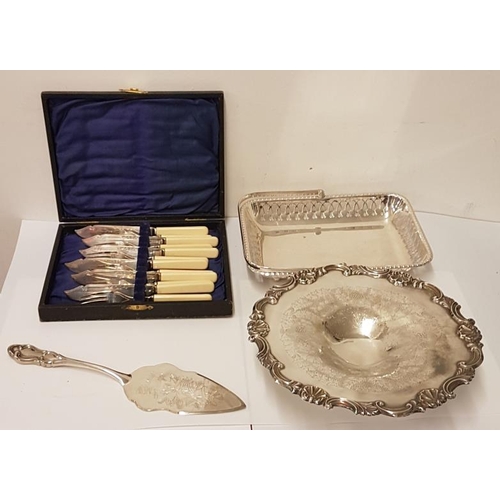 529 - Boxed Set of Fish Eaters, Silver Plated Fruit Stand, Cake Basket and a Pie Server