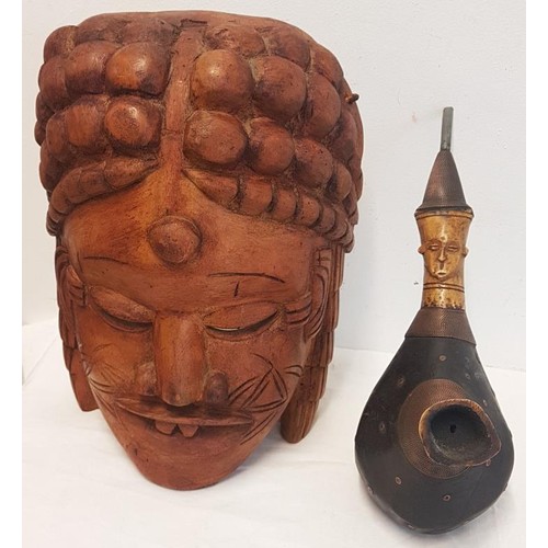 608 - Wooden Tribal Mask and an Opium Pipe with Bone and Copper Mounts