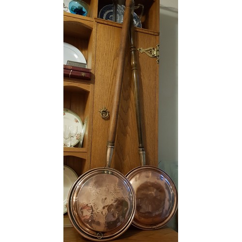 342 - Two Copper Bed Warming Pans with Wooden Handles