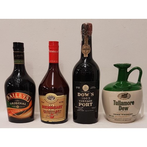 398 - Bottle of Red Breast Whiskey (opened), Baileys, Bows Port and Tullamore Dew Whiskey Jug
