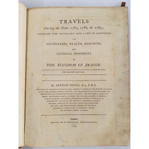 401 - Arthur Young. Travels During 1787/89 in the Kingdom of France. 1794. 2 vols in 1. Large folding maps... 
