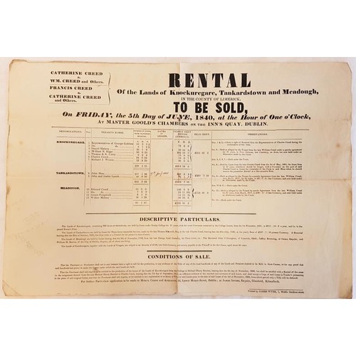 612 - Limerick Rental 1840 Lands of Knockuregane, Tankardstown and Meadough to be sold June 1840. Poster s... 