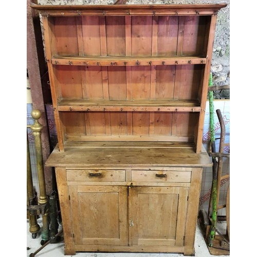 36 - Irish Pine Two Part Farmhouse Kitchen Dresser with an arrangement of open shelves above a base with ... 