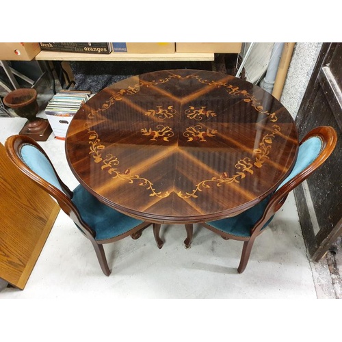 140 - Inlaid Circular Dining Table with a Pair of Upholstered Chairs - 46ins Diameter x 32.5ins tall