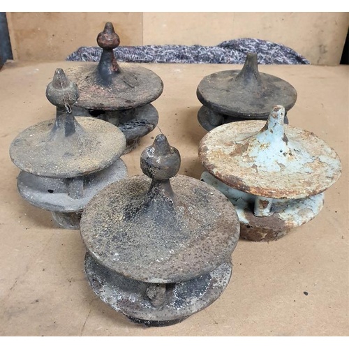 148 - Collection of Five Cast Iron Post / Chimney Tops (2 x 7.5ins, 2 x 7ins and 1 x 6ins diameter)