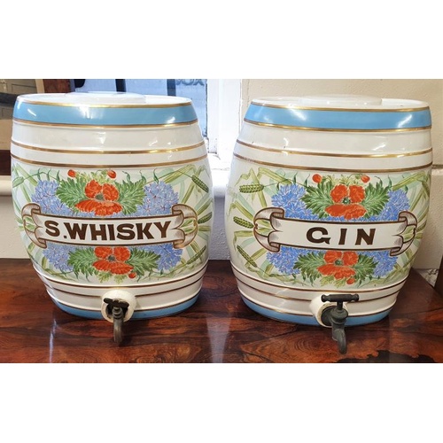 225 - Pair of Victorian Gin and Scotch Whisky Porcelain Barrels with original lids - c. 13ins tall