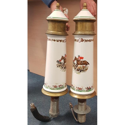 226 - Pair of Porcelain and Brass Mounted Beer Pumps decorated with hunting scenes