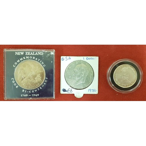 233 - USA Dollar 1976;  USA Freedom and Opportunity 1/2 Dollar;  and New Zealand Cook Bicentenary Coin