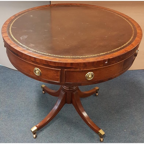 270 - 18th Century Style Mahogany Drum Table on a four splay pod with brass toes - 28.5ins diameter x 26in... 