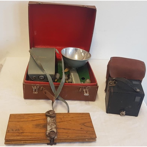 299 - Anscoflex FLash Camera (in box), Kodak Brownie Junior (in case) and a Vintage Oak Tie Press (3)