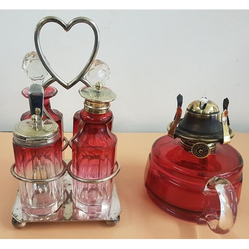 315 - Victorian Cruet Set and Ruby Glass Oil Lamp