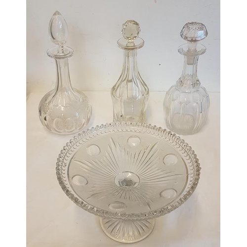 332 - Three Various Decanters and Stoppers and a Victorian Pedestal Fruit Stand