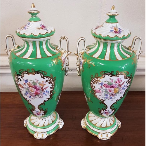 344 - Pair of English Porcelain Hand Painted Urn Vases with Lids - c. 10ins tall