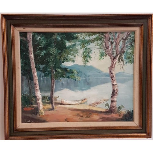 346 - Signed OOB - 'Mountain and Lake Scene' by Aretta - Overall 25 x 21ins