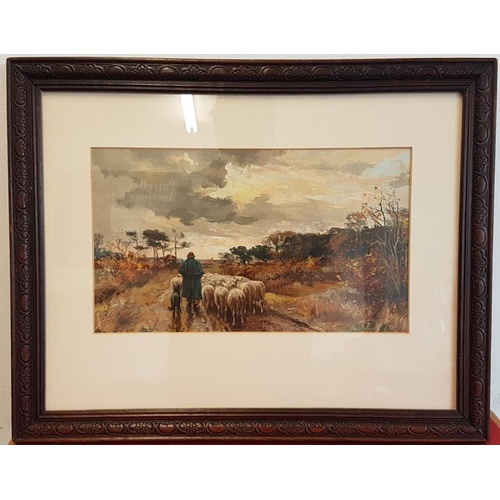 351 - Watercolour by French Artist Julien Jos (1877-1956) - Man and Dog Herding Sheep - Overall c. 20 x 16... 